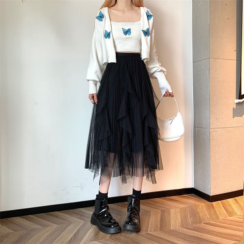 半身裙女装春夏新款2022不规则网纱半身裙女秋冬高腰显瘦字百褶纱裙子