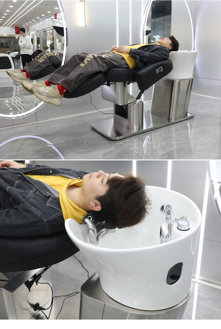 电动洗头床半躺式冲水床理发店发廊专用美容美发陶瓷盆洗头发躺椅飞飞 智能语音升降普通头枕 官方标配
