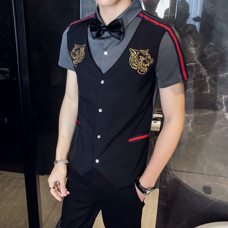 形象岗发型师条纹短袖假两件衬衫男酒吧夜店少爷装夜场服务员工作服