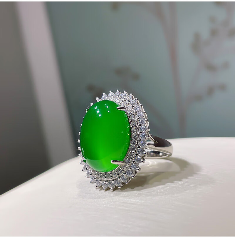 吉裕 高冰高荧光冰种巴西大鸽子蛋绿玉髓戒指 豪华媲美翡翠925镀金j