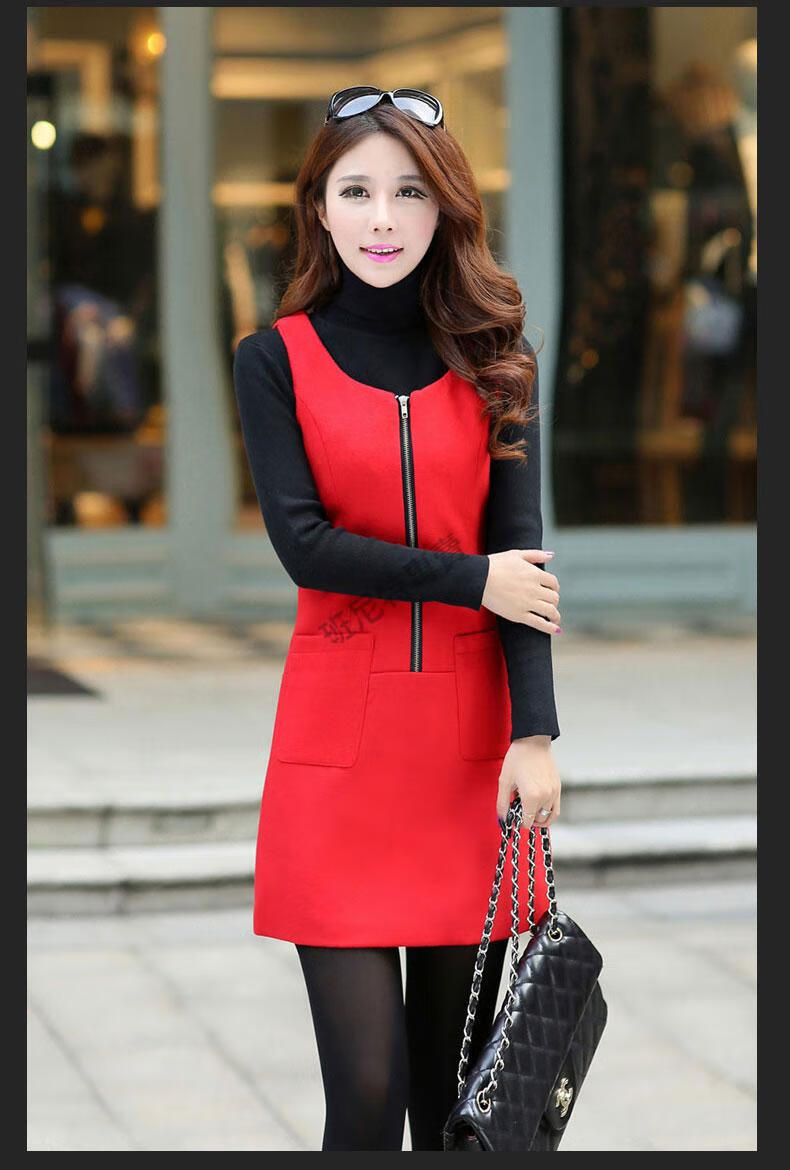 骊歌千鸟格毛呢马甲裙背心裙女无袖秋冬大码时尚打底裙修身显瘦连衣裙