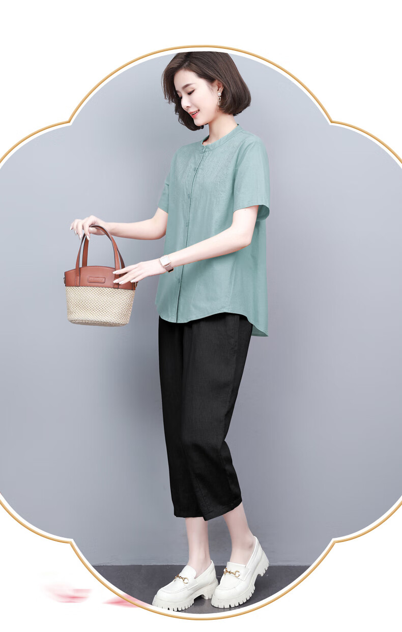 澄康高档妈妈素订休闲亚麻套装夏装洋气两2022年新款中年女装高端运动