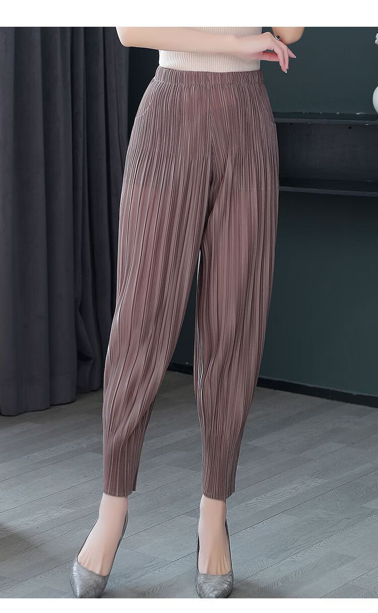 大尺码褶皱哈伦裤女夏百褶小脚裤宽松大ma老爹裤休闲萝卜裤子藕色xxl