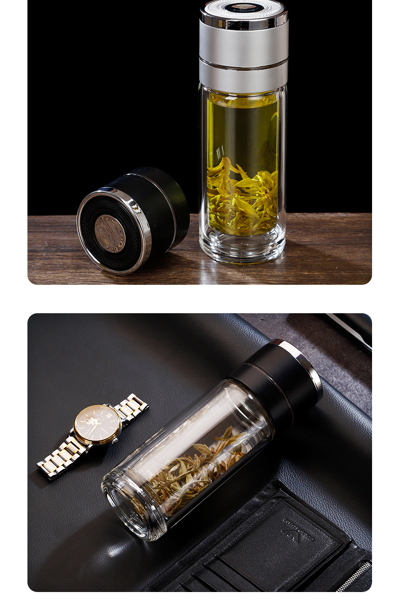 博奇汽车用品一键开盖玻璃杯车载双层玻璃茶水分离泡茶杯 经典黑 日产