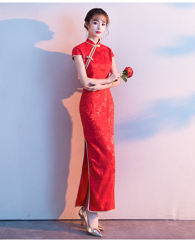 礼仪小姐迎宾旗袍服服装颁奖礼服红色酒店接待前台咨询走秀演出金边