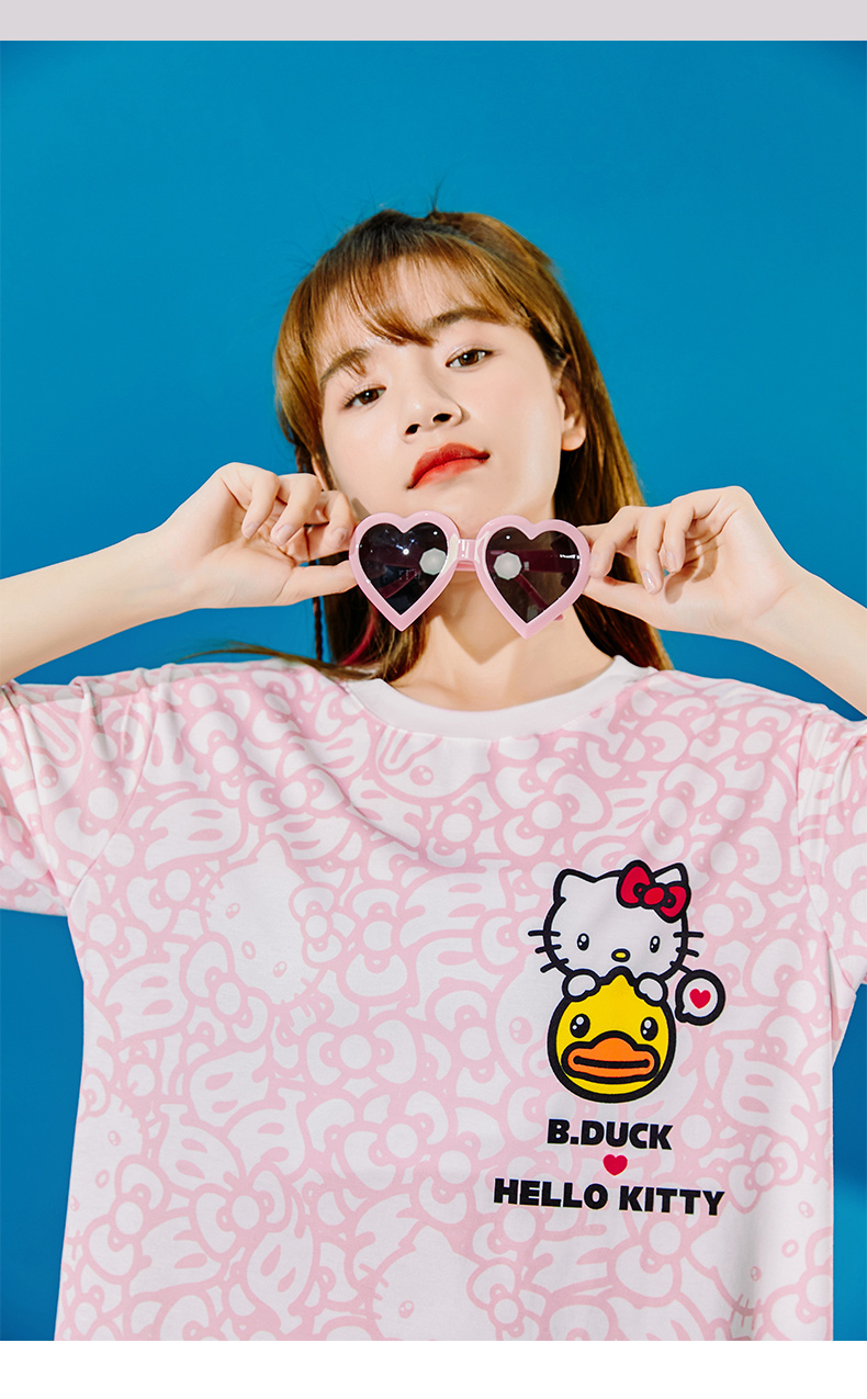 bduck小黄鸭xhellokitty联名短袖t恤女年夏新款宽松少女满印白色l