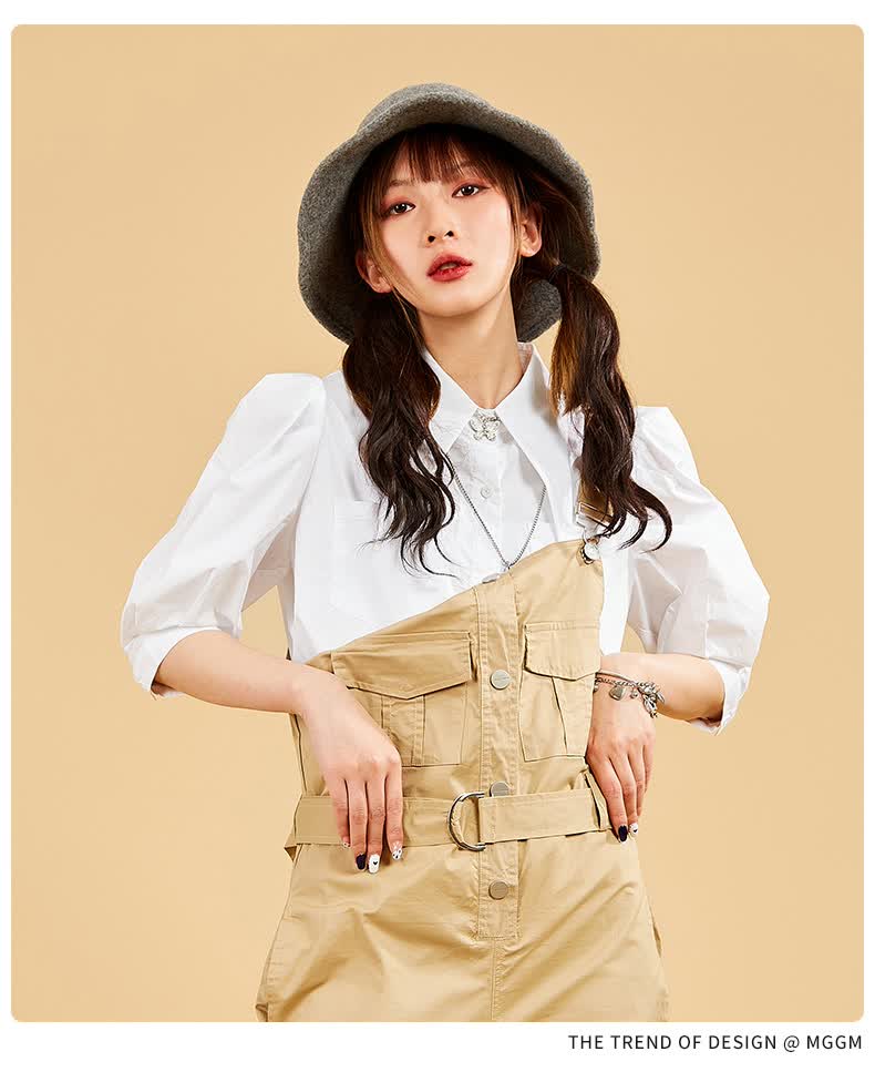 木果果木2022商场同款工装风宽松直筒卡其色背带裤日系小个子女卡其l