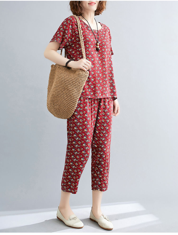 女装新款民族风大码棉绸时尚套装女夏季新款宽松短袖t恤七分哈伦裤两6