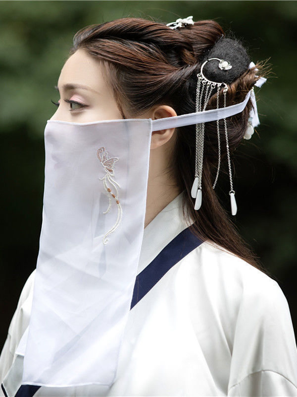 面纱古风新款荟汐同款绣花面纱古风面纱遮脸纱古代蒙面纱巾白色五角荟