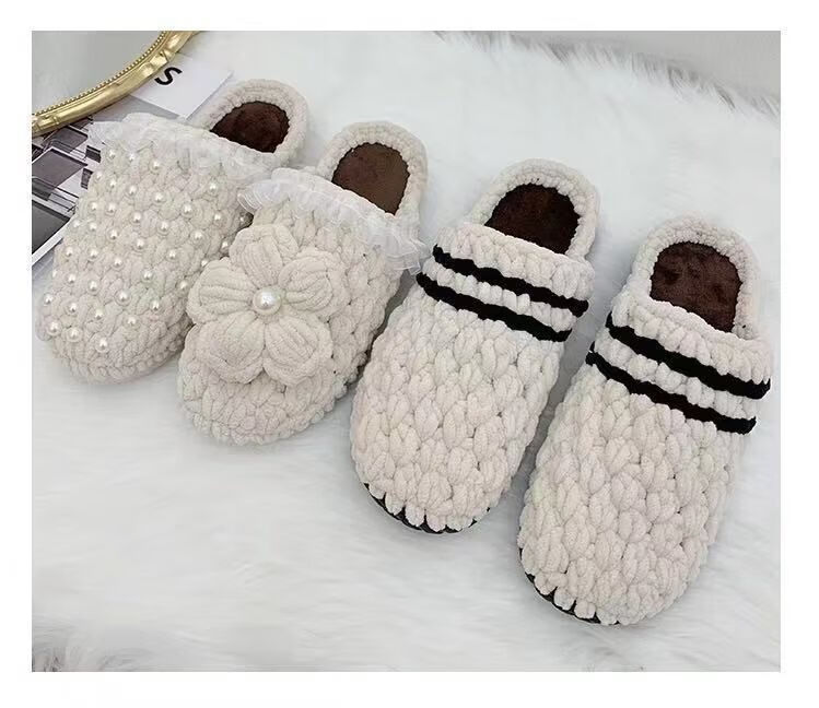 毛线拖鞋手工编织泡芙拖鞋diy材料包包钩针制作网红粗冰条毛线泡芙花