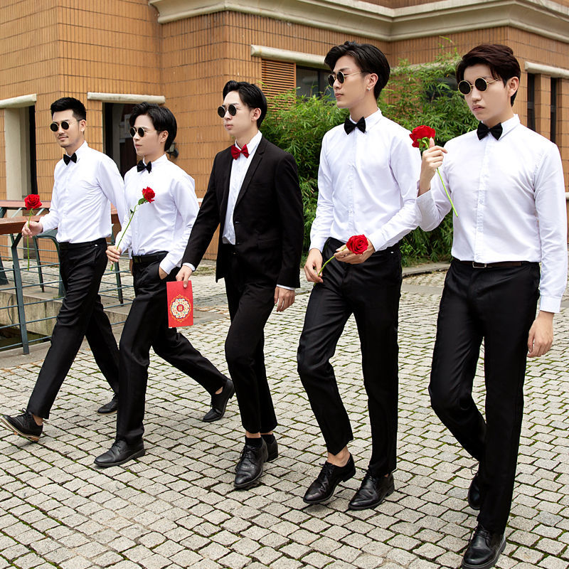 伴郎服兄弟团西式男粉色寸衣套装夏天结婚礼服白色衬衫背带三件套长袖
