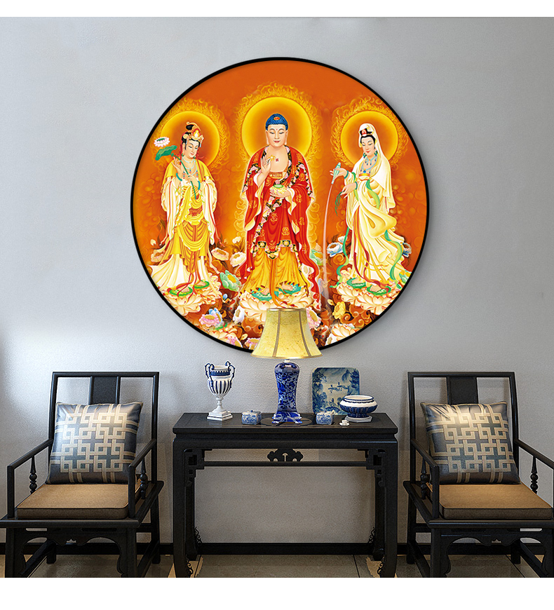 良木西方三圣挂画佛像壁画供奉佛堂阿弥陀佛像观世音大势至圆形装饰画