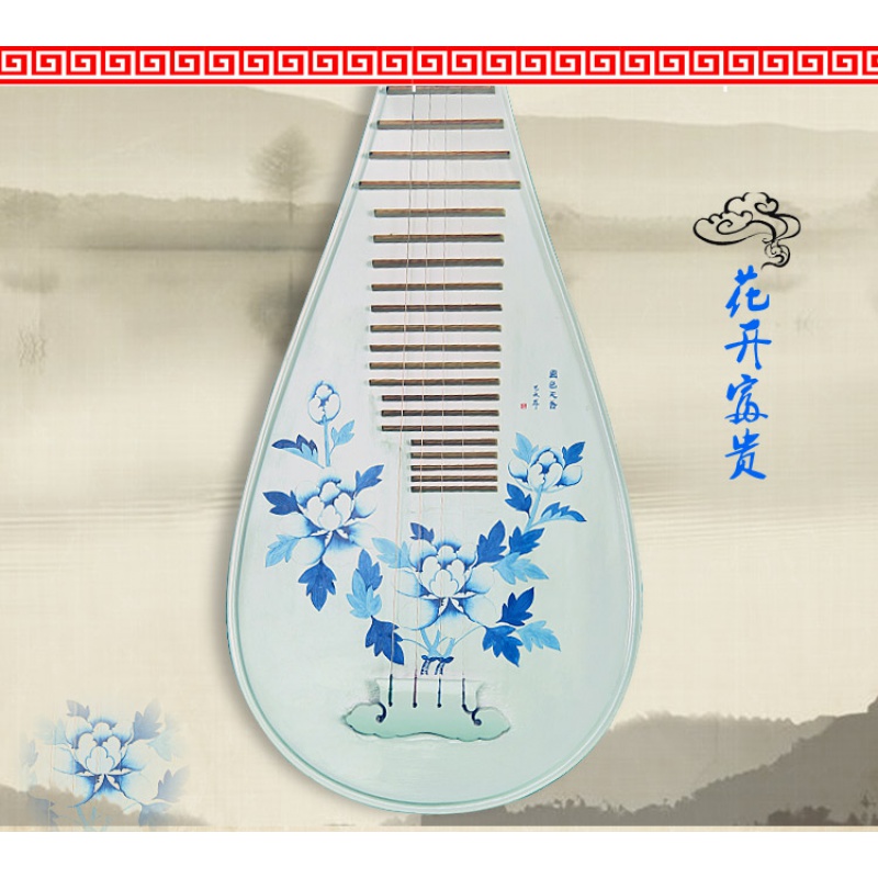 白琵琶青花瓷彩初学练习演奏民族弹拨女子乐坊 手工金边富贵花