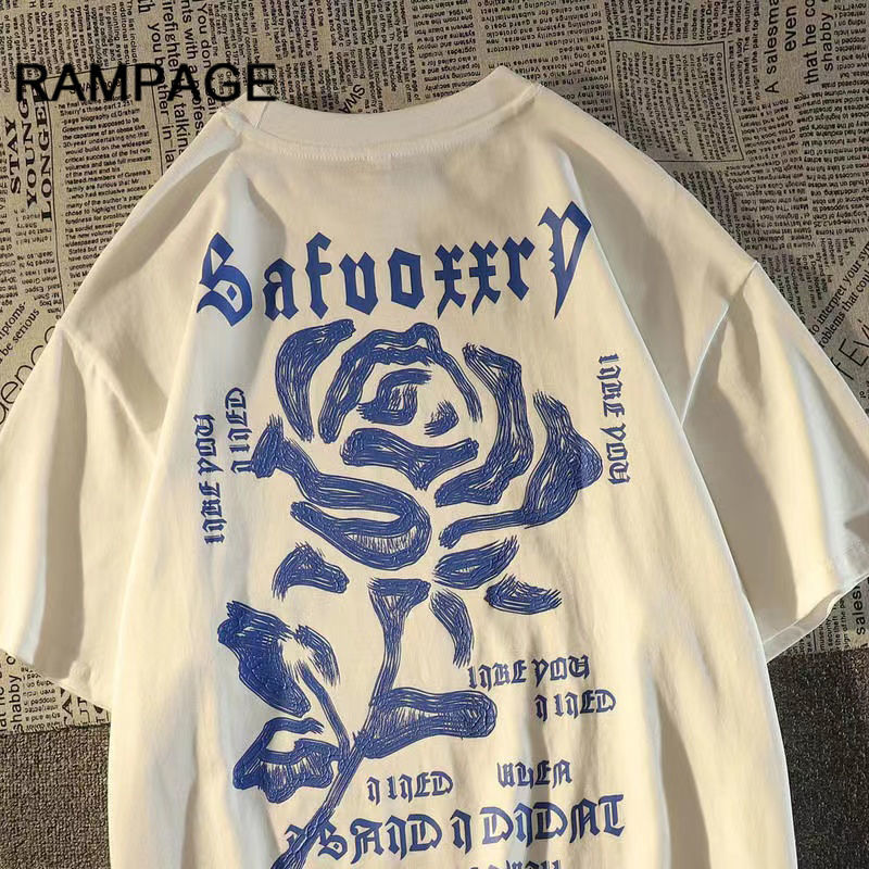rampage 纯棉美式复古玫瑰花短袖男女宽松欧美风潮牌上衣设计感小众