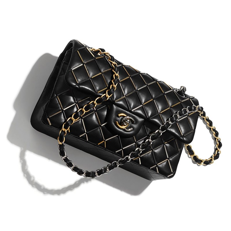 香奈儿chanel 小羊皮金色金属银色金属黑与钌色金属黑口盖包14.