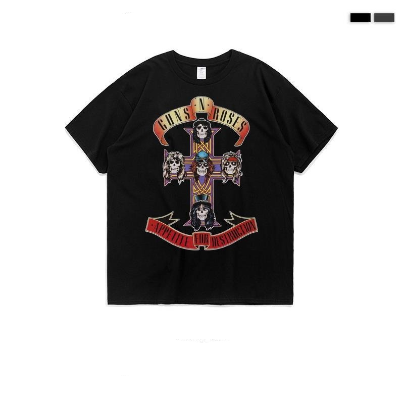 卡德迪枪花短袖 摇滚gunsnroses枪炮与玫瑰枪花乐队印花纯棉圆领