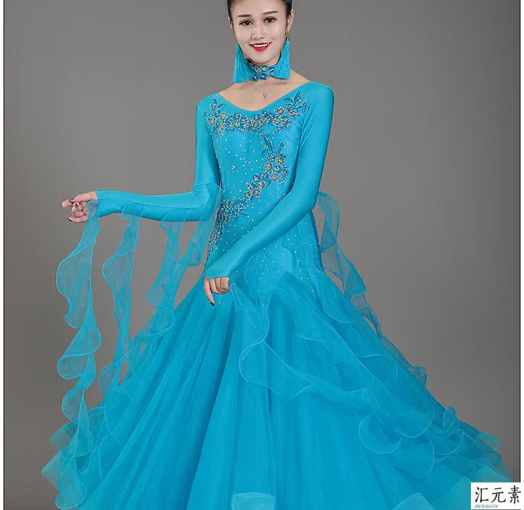 交谊舞大摆连衣裙摩登舞比赛新款裙华尔兹裙集体表演服国标舞黑色s