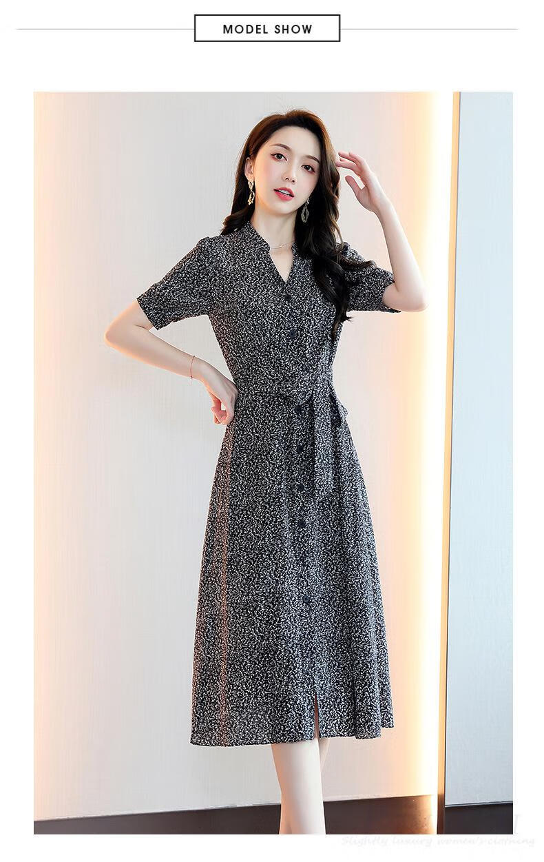 品牌女装时尚雪纺碎花连衣裙2022夏季新款韩版收腰显瘦中长款衬衫裙子
