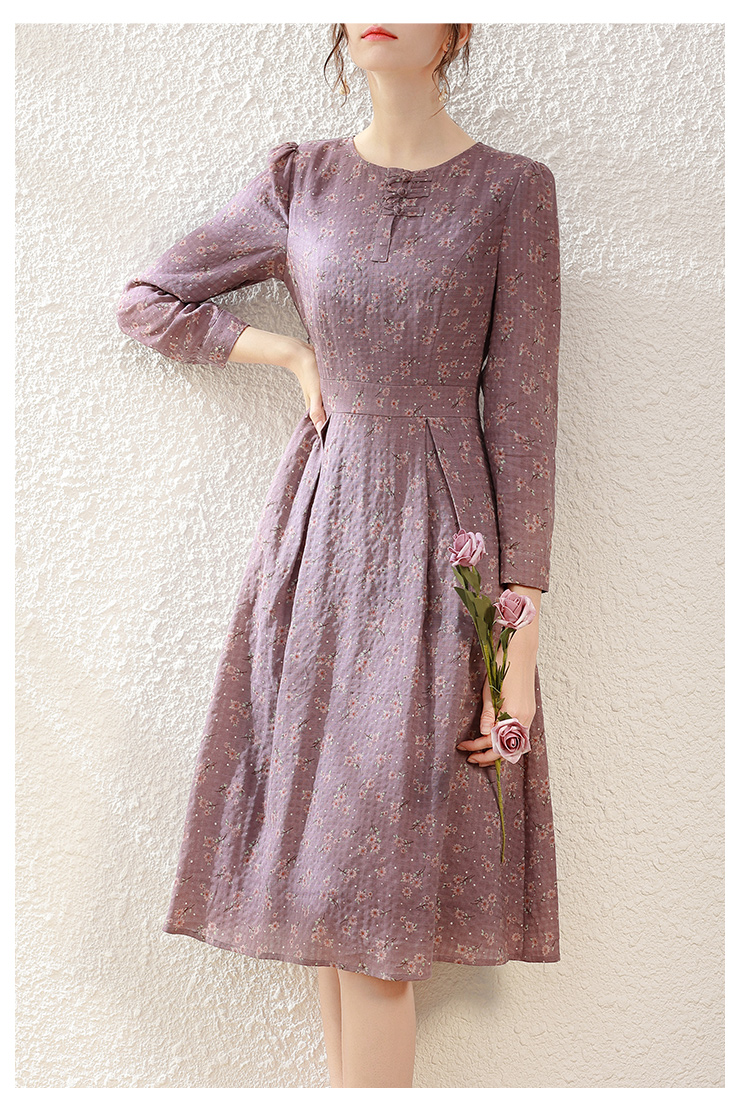 勿忘花紫色纯棉碎花连衣裙女秋装2021秋季新款时尚气质中长款裙子