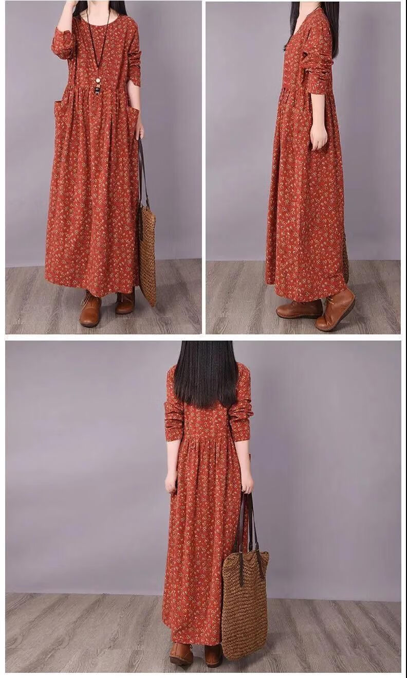 素订棉麻女装官方素素杭州长袖连衣裙女秋季复古碎花大码宽松显瘦遮肚