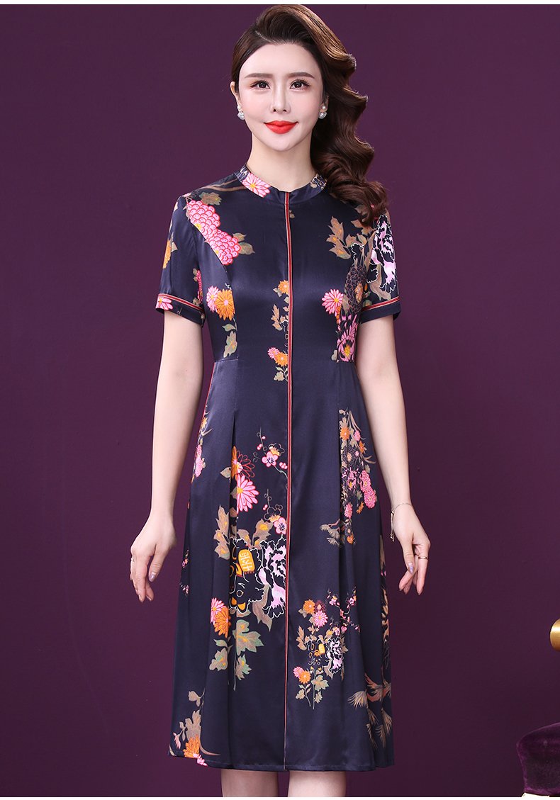 王小鸭重磅桑蚕丝连衣裙夏季新款2021收腰显瘦阔太太印花裙女藏青l