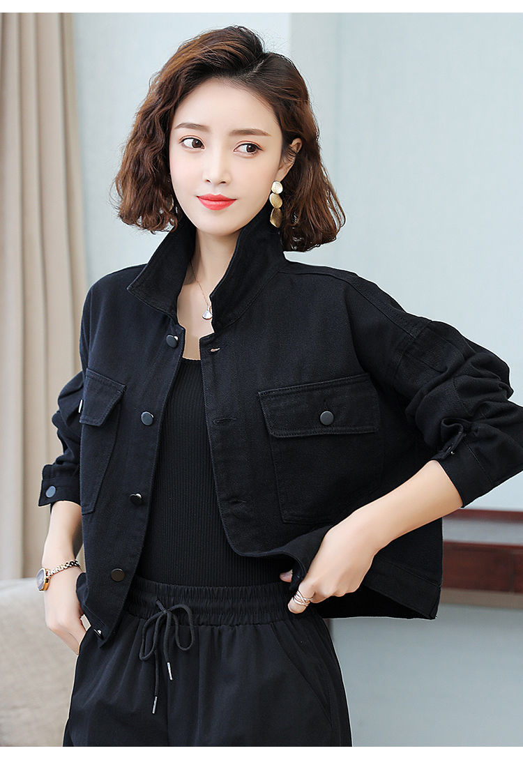 短款牛仔外套女2021年春款女装潮韩版宽松bf休闲红色工装上衣黑色m
