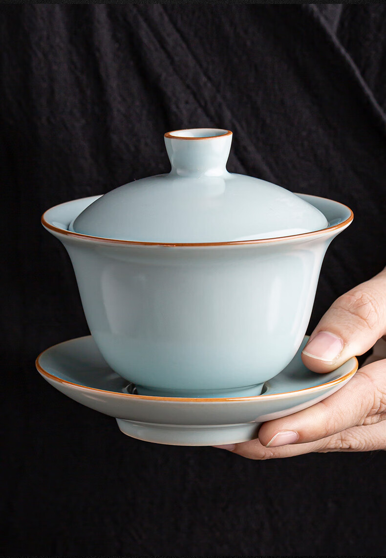 汝窑盖碗不烫手陶瓷功夫茶具三才泡茶碗天青色汝瓷开片可养茶碗汝窑天