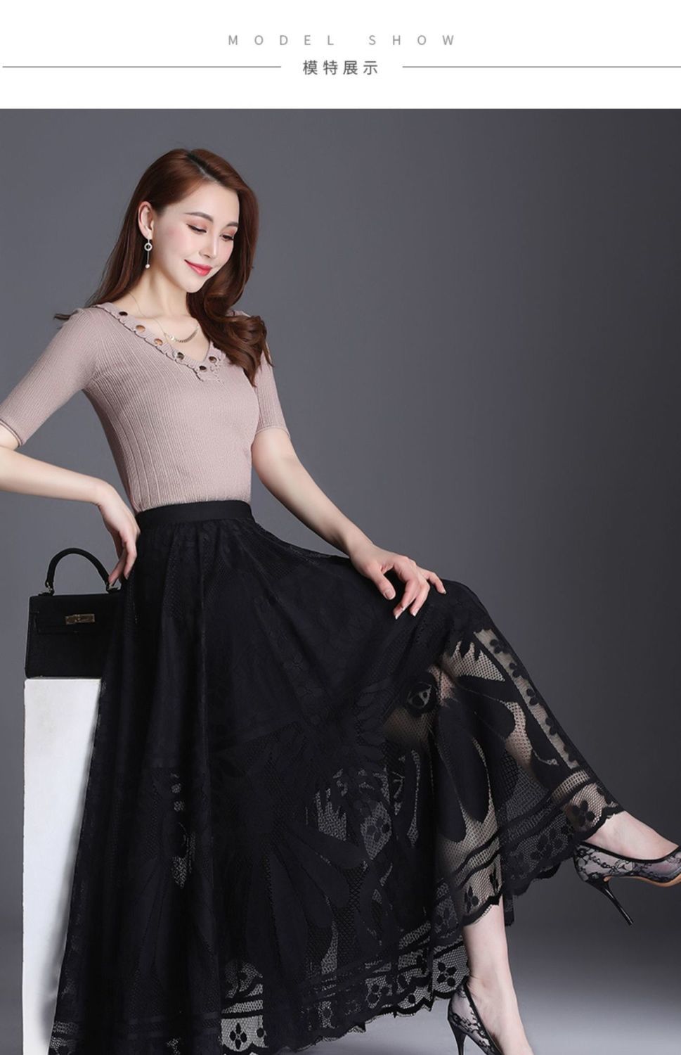 哲娃法式蕾丝半身裙女2021夏季新款a字中长裙大摆网纱镂空仙女百褶裙