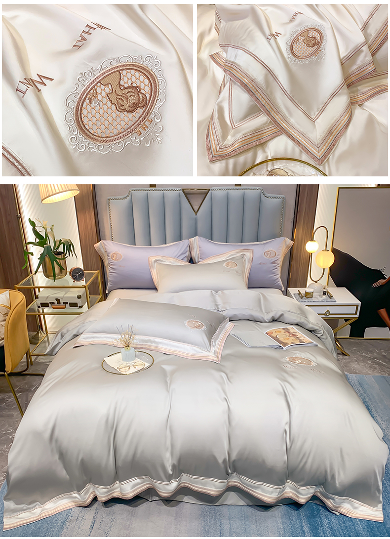 npkm品牌 高端莱赛尔纤维四件套夏季轻奢法式被套刺绣纯色床单凉爽