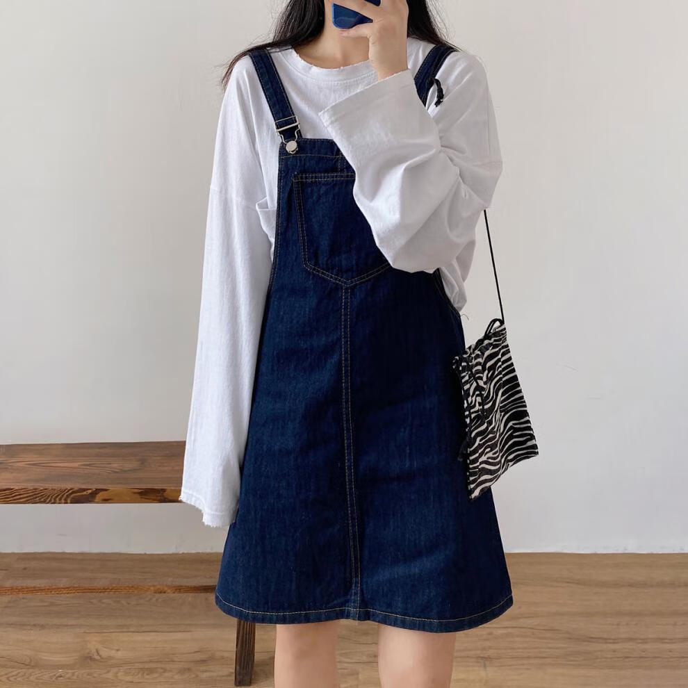 裙女夏季韩版慵懒风学生吊带牛仔短裙宽松显瘦连衣裙深蓝色背带裙l