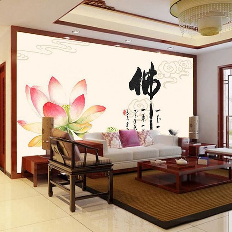佛堂壁纸佛系禅意佛手莲花壁纸5d中式荷花养生馆佛堂背景墙纸书房茶室