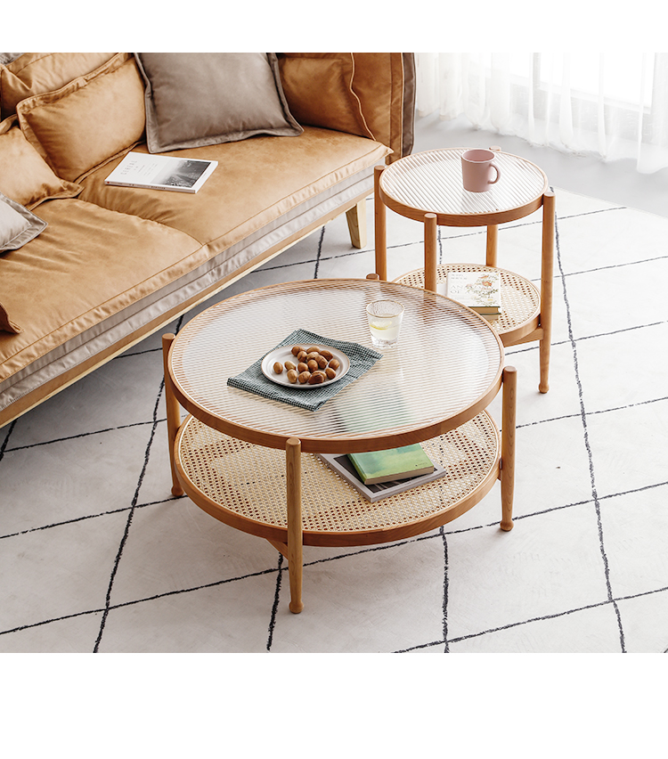 茶几北欧藤编组合 简约日式钢化玻璃圆形小户型圆桌 45厘米直径小圆几