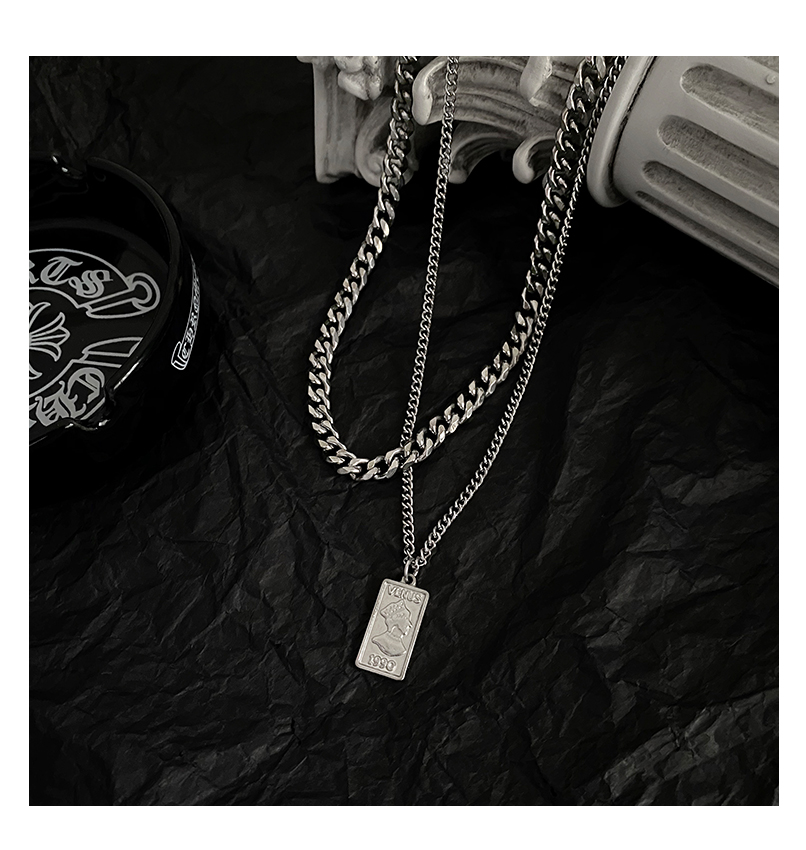 ck欧美金属复古人头像吊坠男女潮in冷淡风双层嘻哈项链情侣锁骨链k
