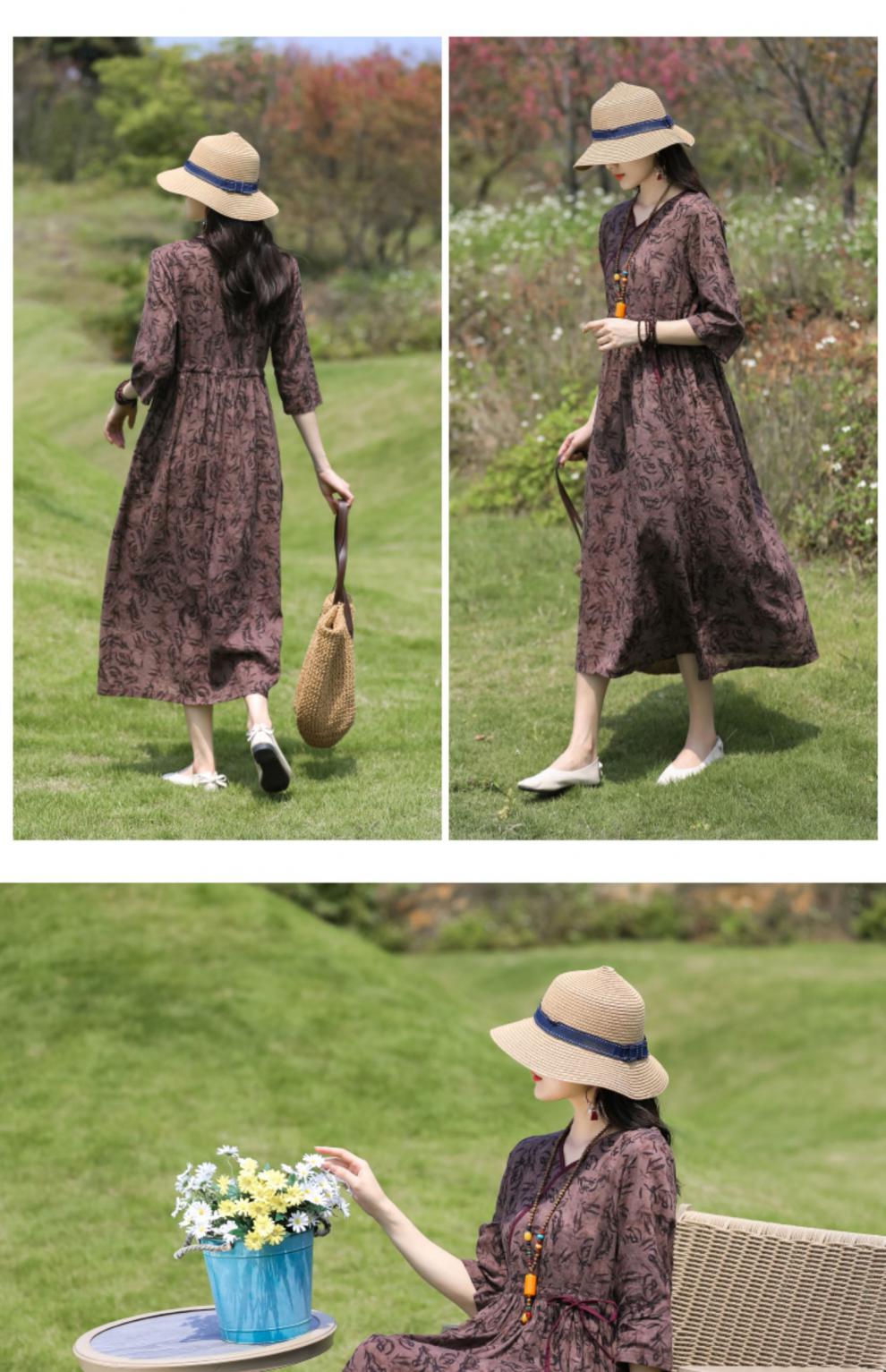 子牧棉麻2022夏装女文艺碎花连衣裙女中长款宽松收腰显瘦气质长裙