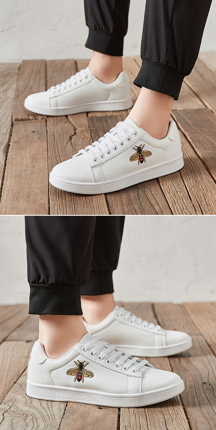 蜜蜂板鞋男鞋子透气潮鞋潮流休闲韩版板鞋网红帆布小白鞋男 白色(刺绣
