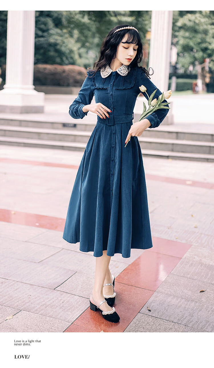 适合18-30岁女神气质穿的高质感女装法式收腰显瘦复古娃娃领灯芯绒