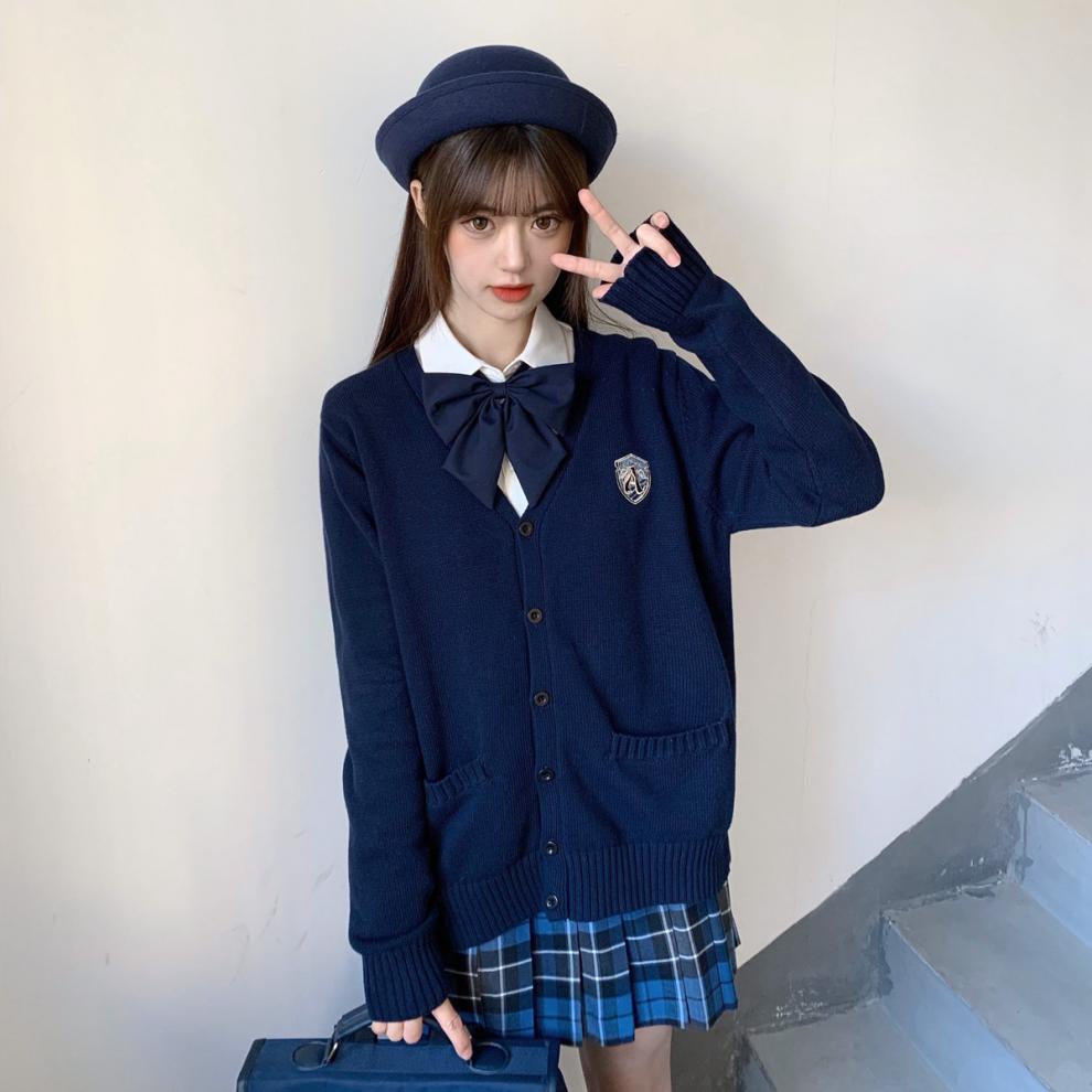 【jk制服官方】冬信 jk制服百搭纯色毛衣开衫 刺绣款纯棉针织衫秋冬款