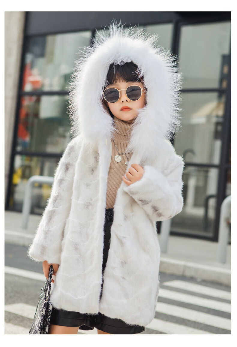 迪士尼【高端轻奢】儿童皮草貂皮大衣女童天鹅绒十字貂中长款水貂毛拼