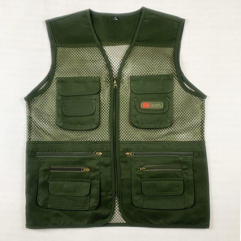 马甲中老年网眼休闲坎肩户外摄影钓鱼工作背心军绿色夏款2xl建议140