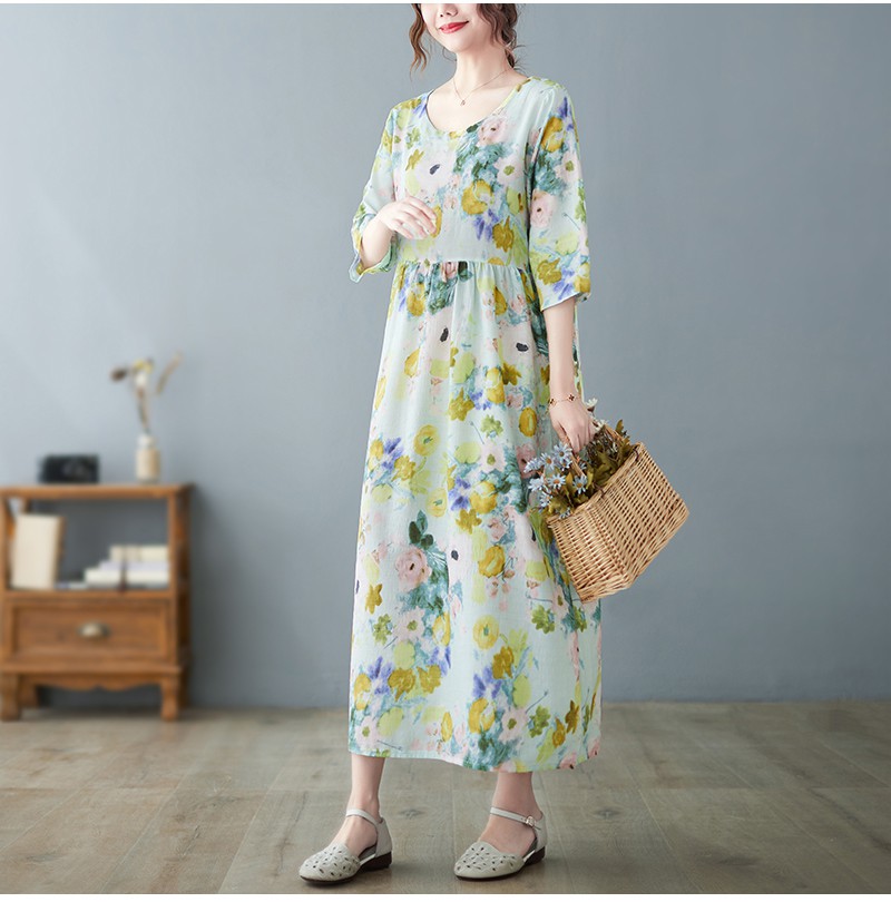 gioio夏季2022高端品牌亚麻苎麻连衣裙素素棉麻女装休闲宽松长裙子