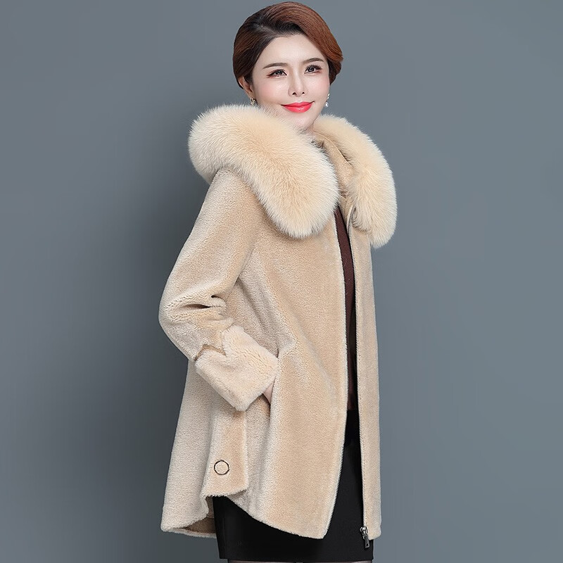 雪夕(xuexi) 妈妈装冬装皮毛一体外套皮草上衣中老年女装羊剪绒大衣中