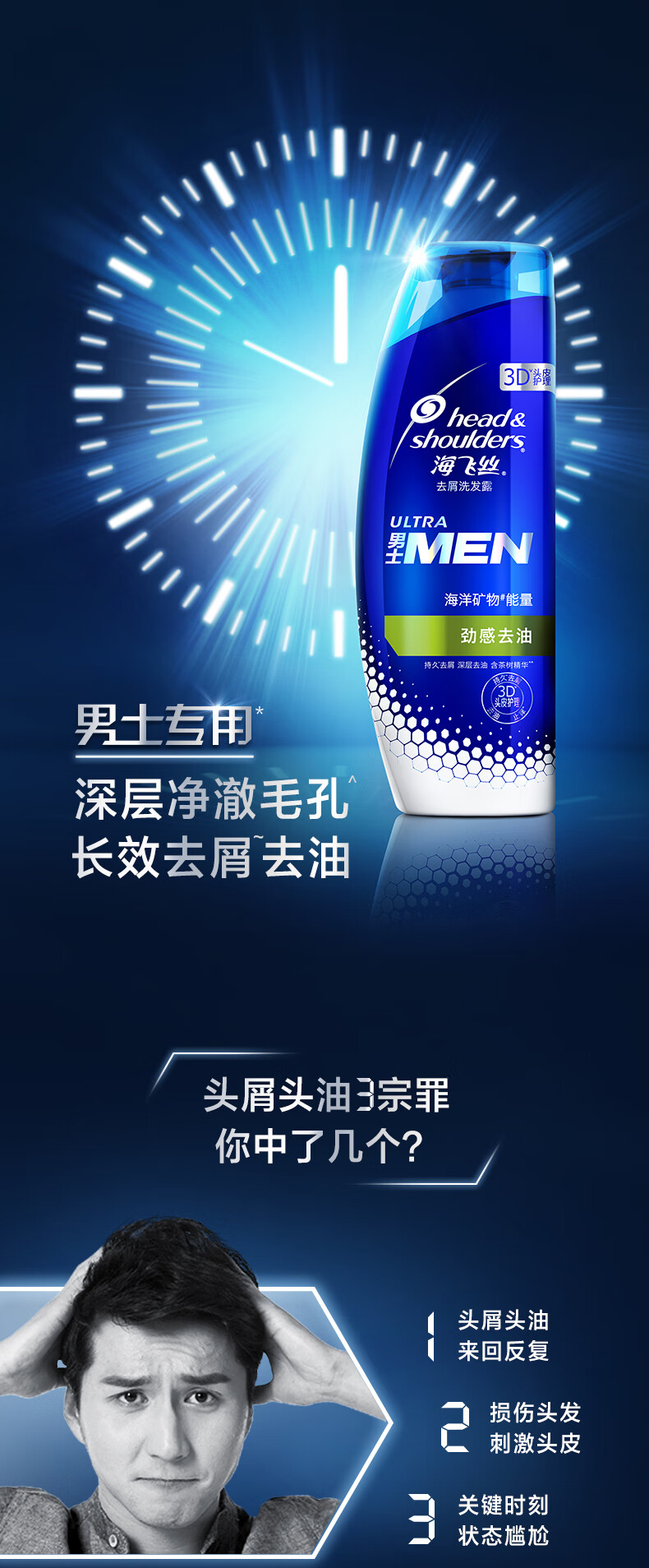 海飞丝男士清爽去屑控油洗发水家庭分享装380ml2止痒洗发露劲感去油洗