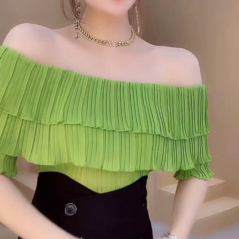 一字肩雪纺衫短袖很仙的一字肩雪纺衫短袖女夏新款韩版皱褶荷叶边洋气