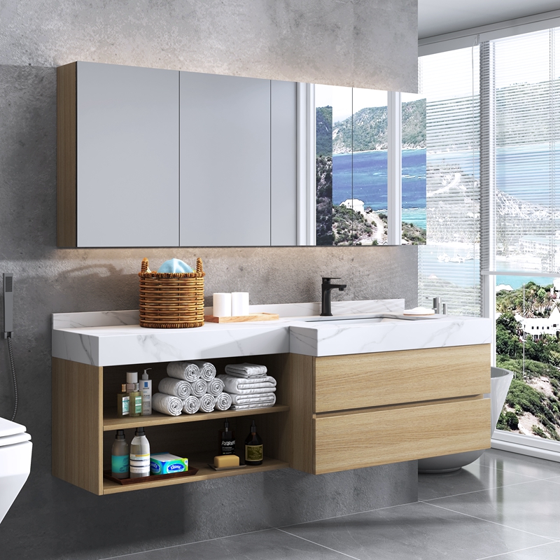 2022新款斜角浴室柜定制浴室柜镜柜智能现代简约原木色卫浴洗漱台洗脸