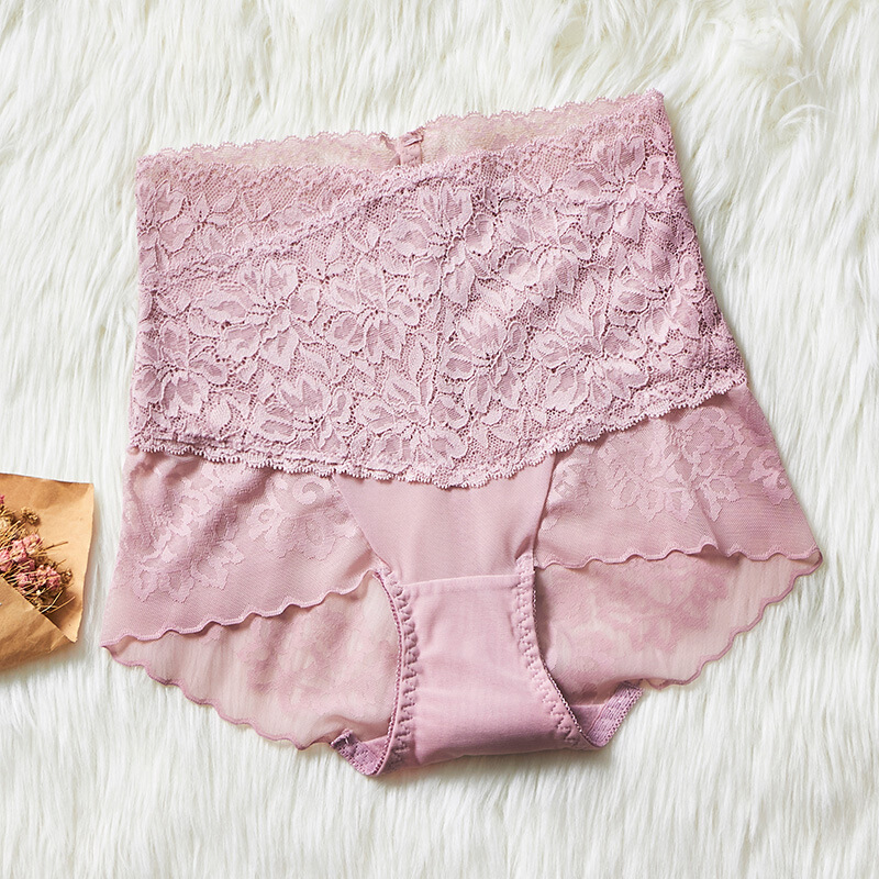 时慕语 大码胖妹妹蕾丝高腰收腹内裤前交叉高腰内裤女蕾丝棉裆性感