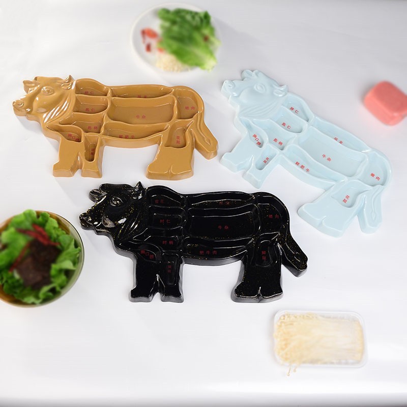 牛羊造型盘子潮汕牛肉全牛宴拼盘时尚火锅店肥牛餐具密胺款大黑牛长