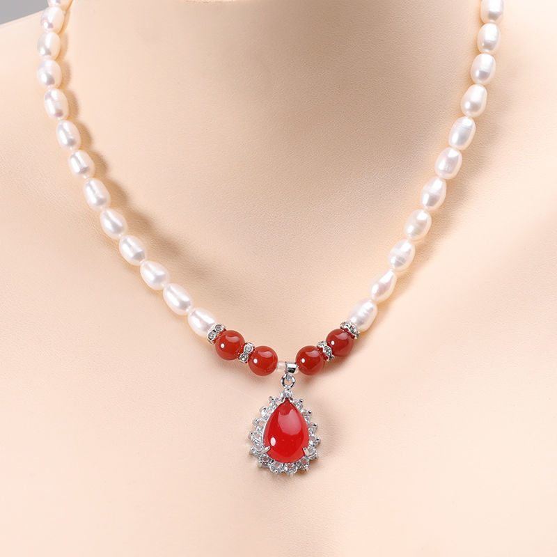 妈妈款天然淡水珍珠项链米型真珍珠 玛瑙 送长辈女友婆婆礼物 红色