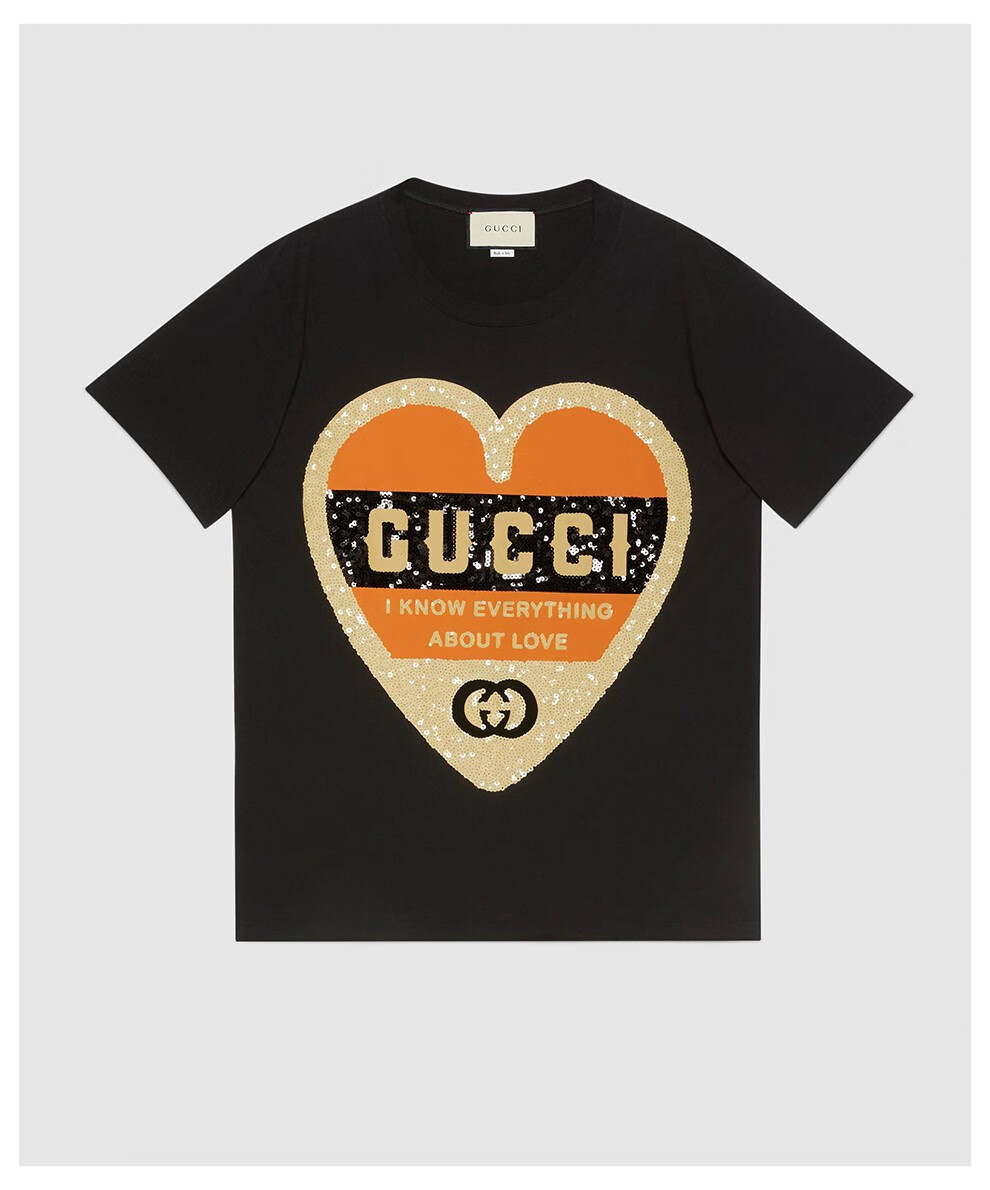 gucci古驰女士棉质桃心亮片图案时尚短袖t恤衫492347xjb729756米黄色