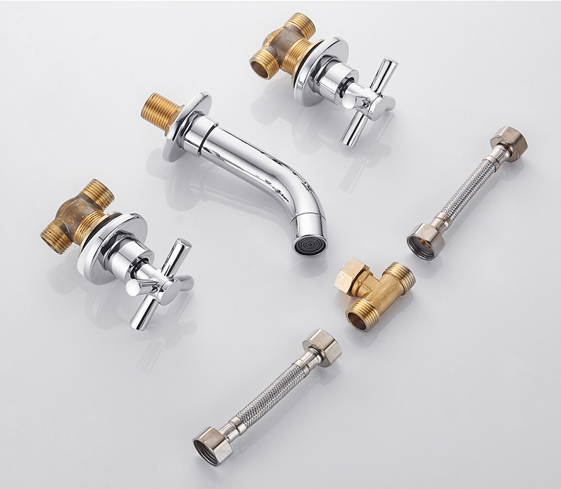 入墙式面盆水龙头冷热双开全铜卫生间洗漱浴室洗脸盆三孔分体龙头slt