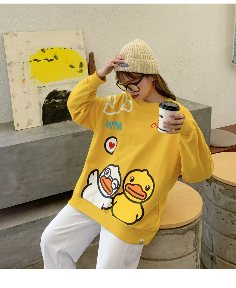 bduck小黄鸭女装卫衣年秋季新款宽松显瘦趣味印花休闲上衣潮芥末黄s